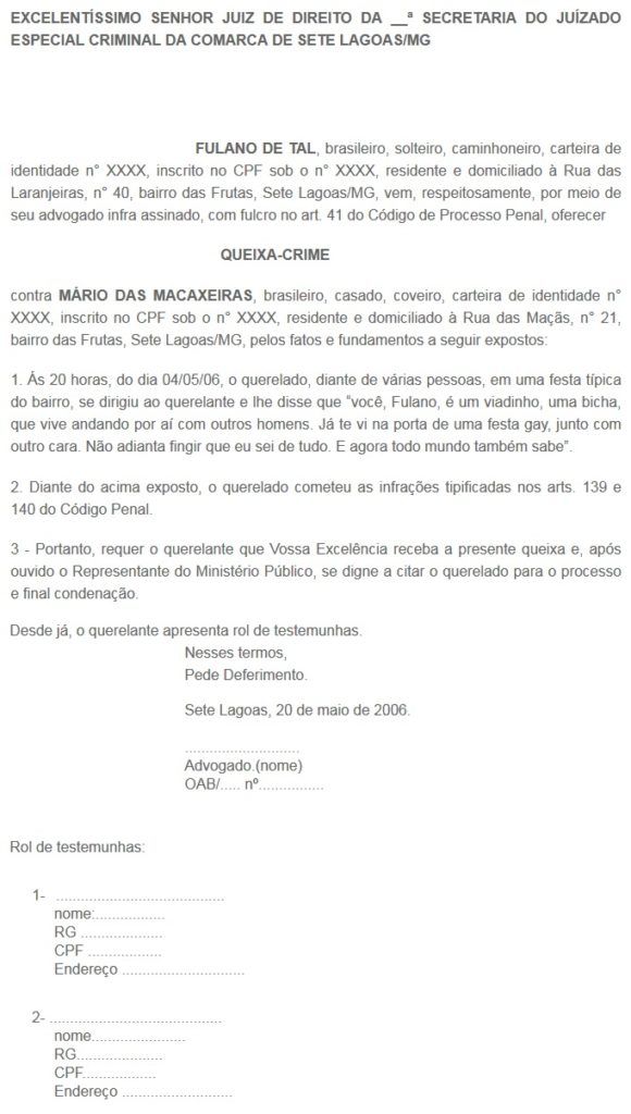 Modelo De Queixa-crime: Injuria, Calunia, Difamação, Ameaça, Exemplos