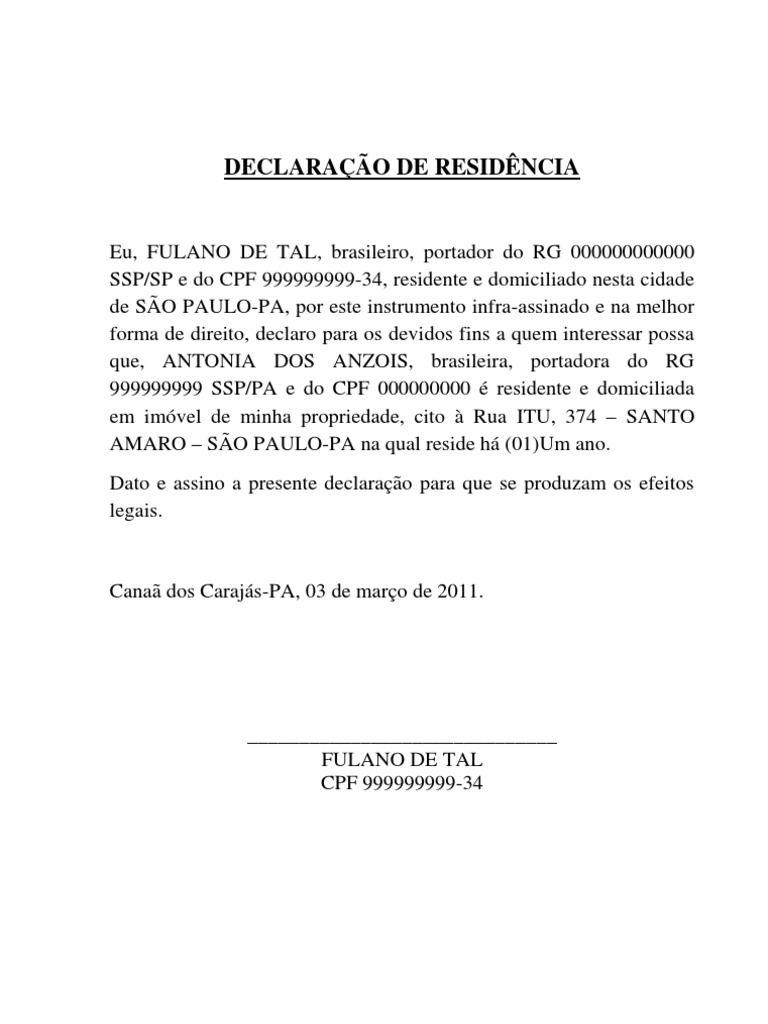 Declaração de Residência para Terceiros: modelo, como 